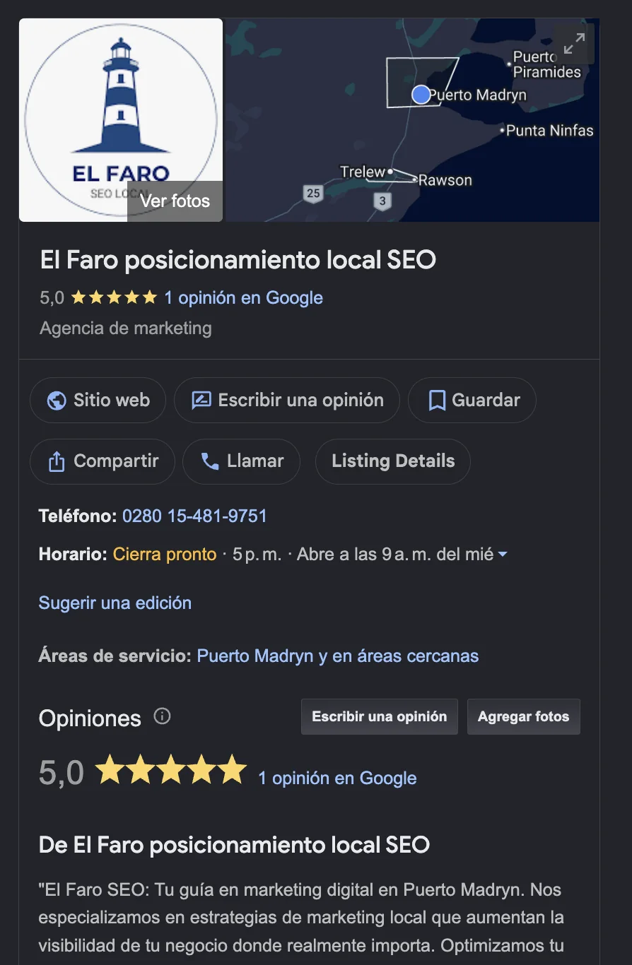 Ficha de Google de El Faro SEO: logo, categoría, teléfono, horarios, áreas de servicio y descripción optimizada